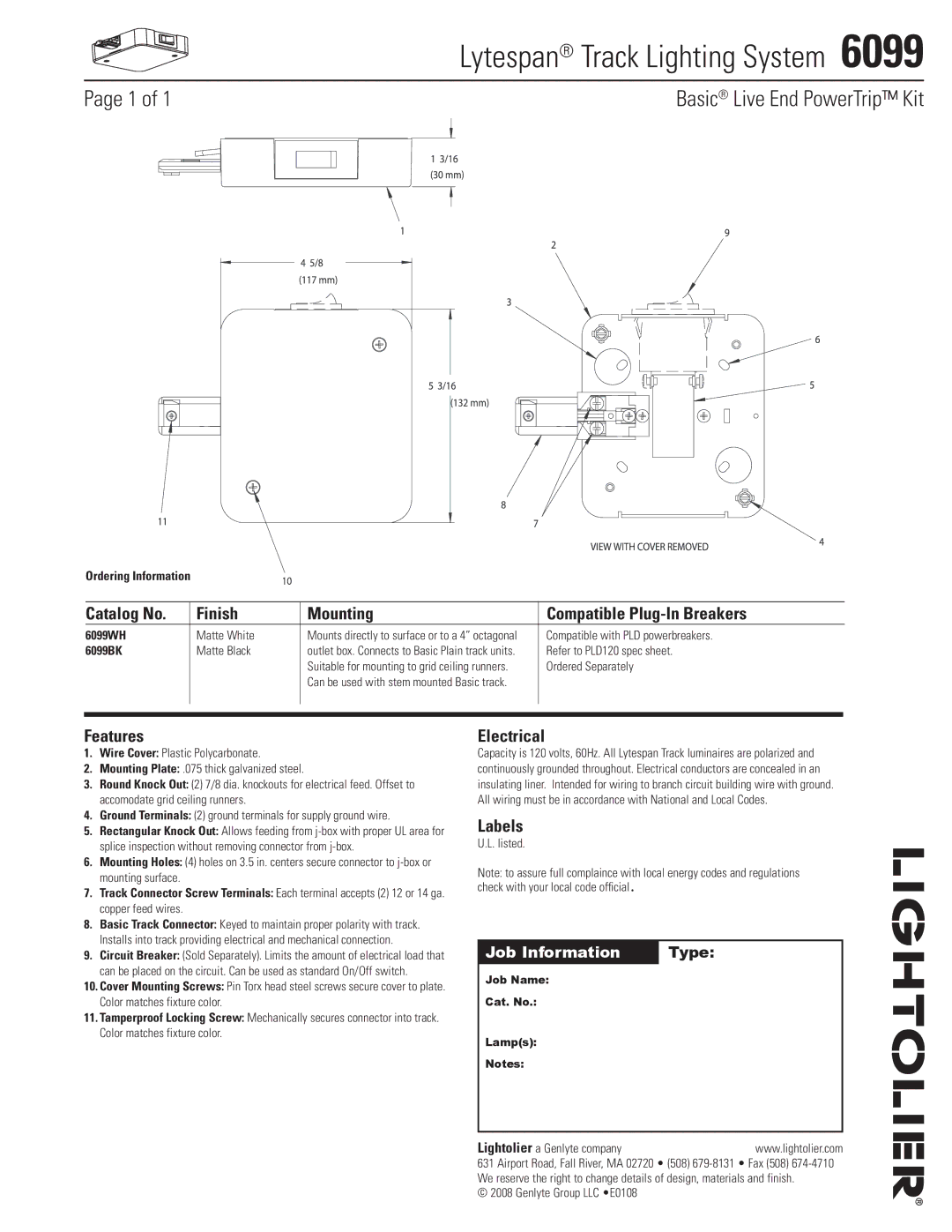 Lightolier 6099 manual Lytespan Track Lighting System , Basic Live End PowerTrip Kit 